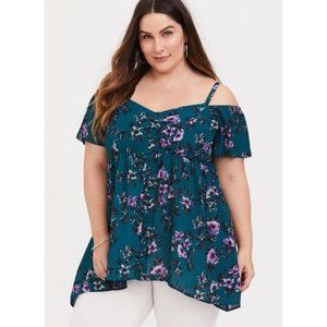 Torrid Womens 2X Green Floral Georgette Cold Shoul